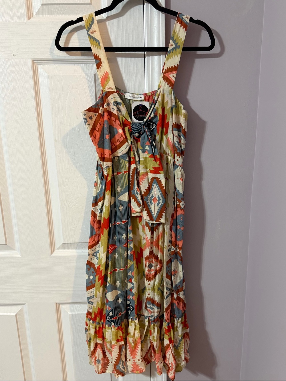 BUCKETLIST Aztec Tie-Front Dress in Coral, Olive & Slate